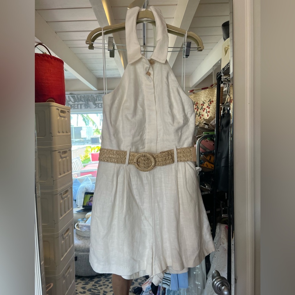 House of Harlow 1960 White Tan Buttoned Halter Sundress